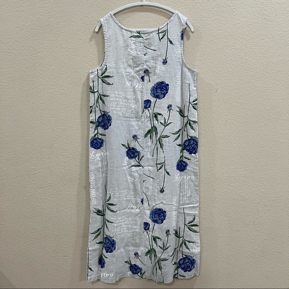 Sweet Jessie Petite 100% Linen Dress Floral Side Buttons Back Pocket Sz LP Boho - Picture 4 of 7